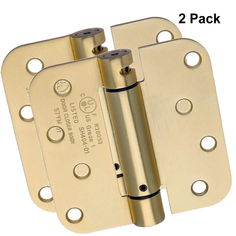 Dynasty Hardware Door Hinges, 4-Inch Spring Loaded Self Closing Hinges with 5/8" Radius Corners, Heavy Duty for Interior or Exterior Doors, Quiet Auto Close Action, 2-Pack, Satin Brass Finish - Image 2